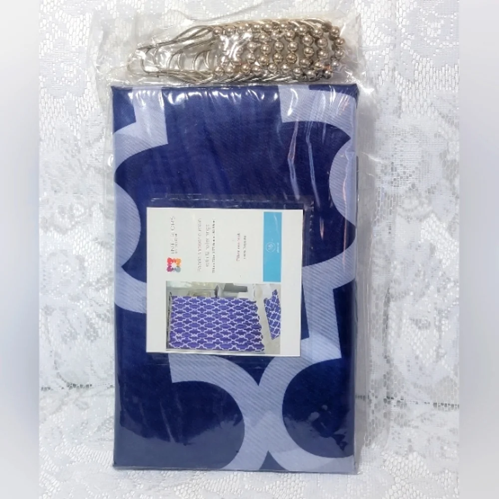 Interiors by Design Blue Shower Curtain Geometric Grids with 12 Roller Rings